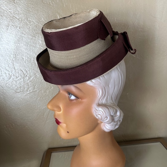 GORGEOUS TAN STRAW 1930s\' TOY TILT HAT BITH BROWN GROSGRAIN TRIM main image 11